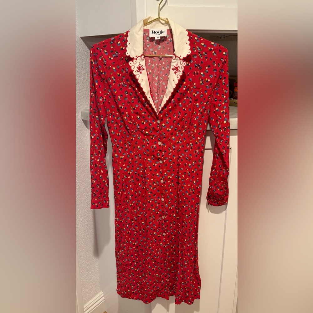 Rouje Red Floral Midi Dress with White Scalloped Collar